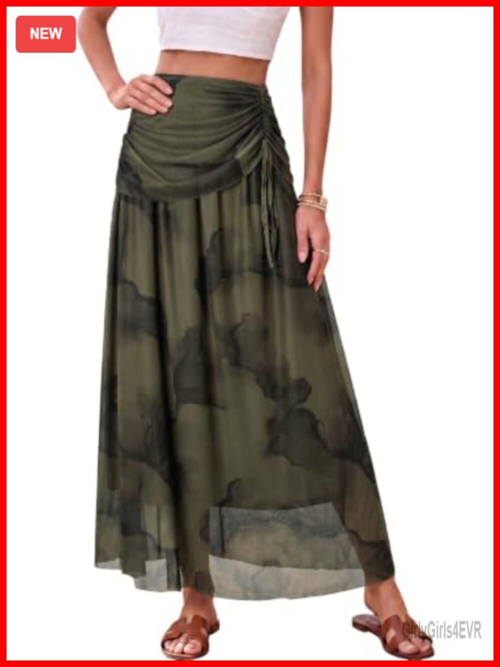 Boho Flowy Mesh Maxi Skirt A-Line High Waist Elastic